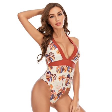 New 2025  Tropical Print Halter One-Piece Swimsuit 2025 | Deep V & High-Cut